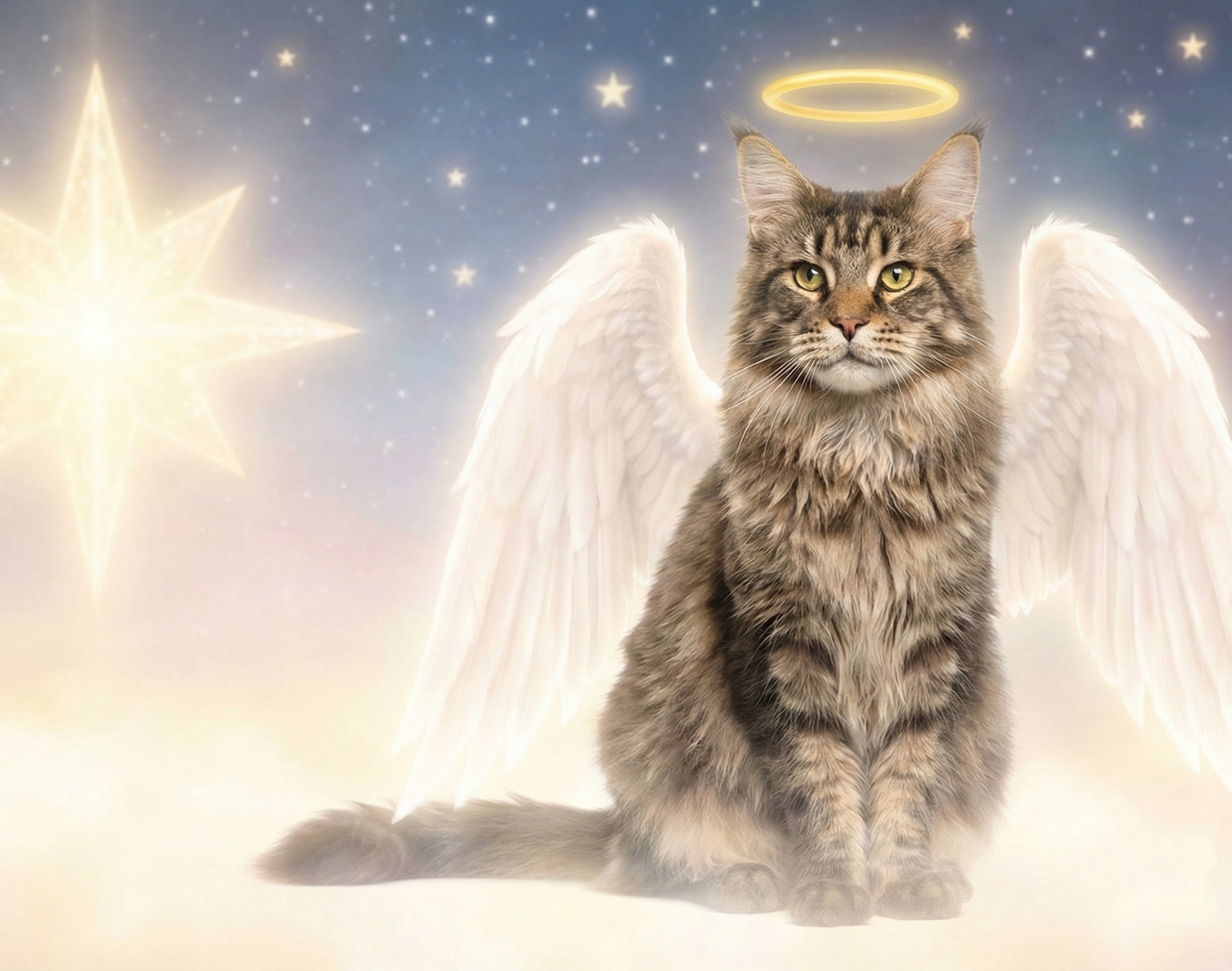 Cat with angel wings and halo on a starry background