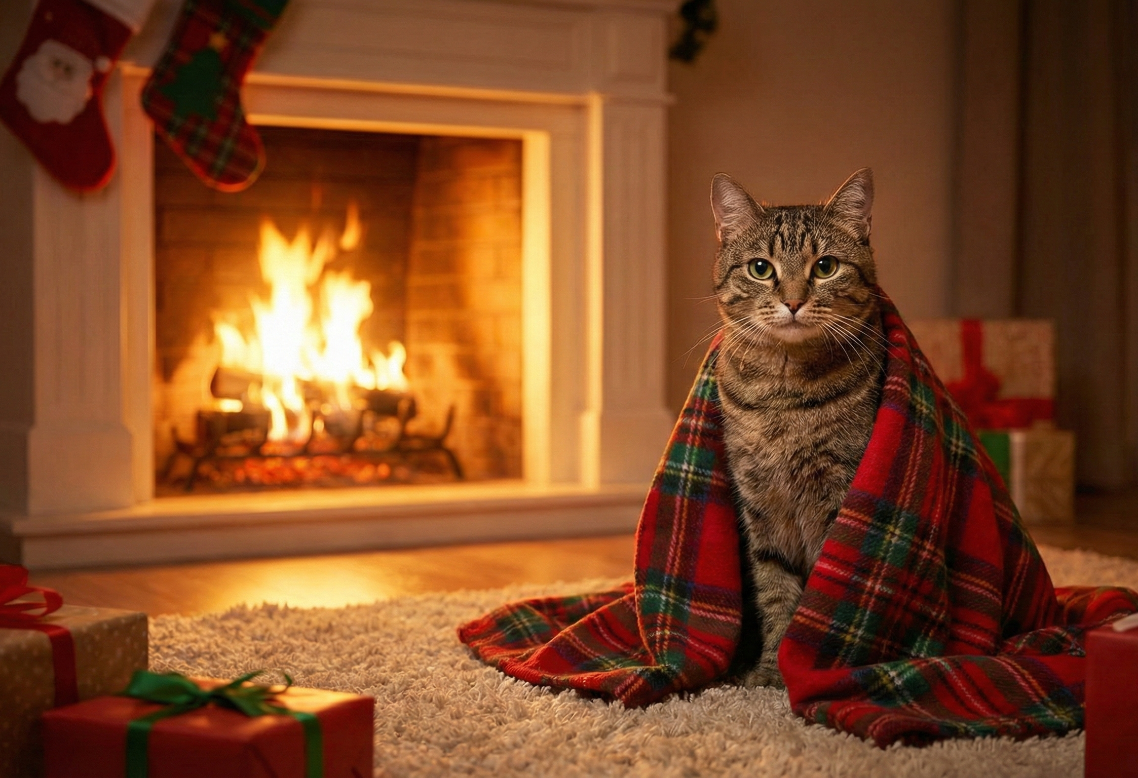 Cat wrapped in a red plaid blanket sitting in front of a fireplace with Christmas presents around.