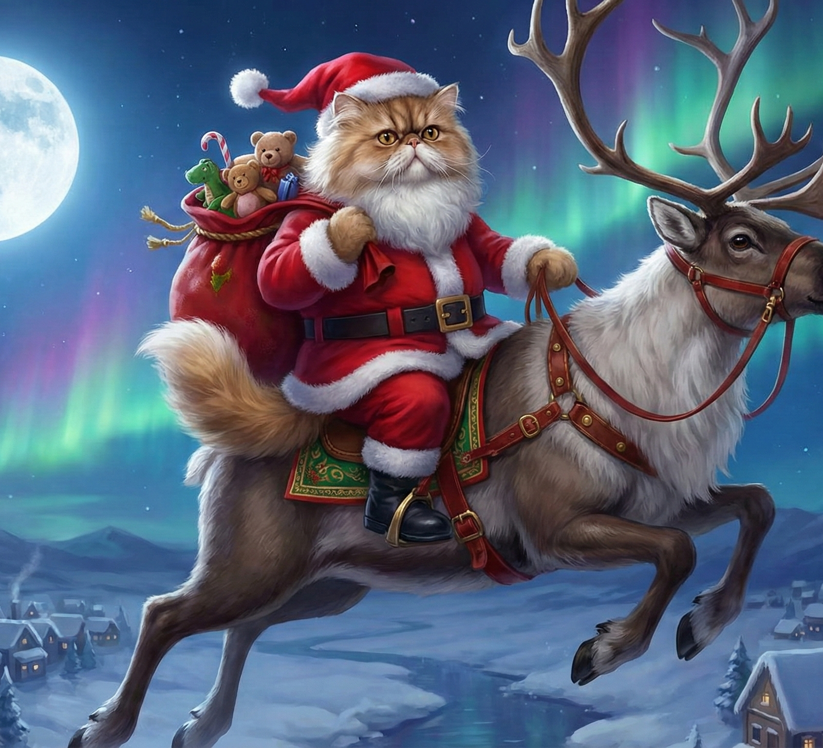 Cat dressed as Santa Claus riding a reindeer with a snowy landscape and moon in the background