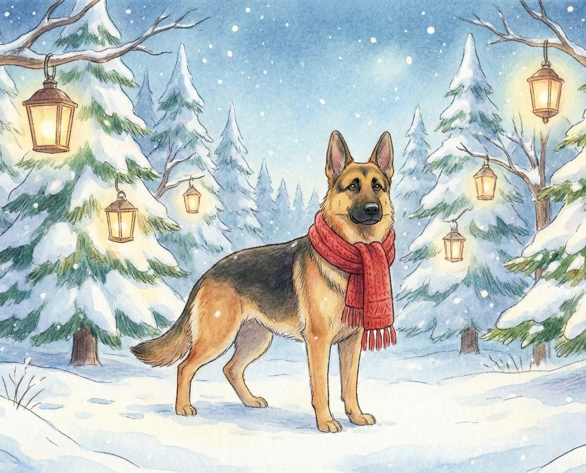 Dog wearing a red scarf in a snowy forest with lanterns