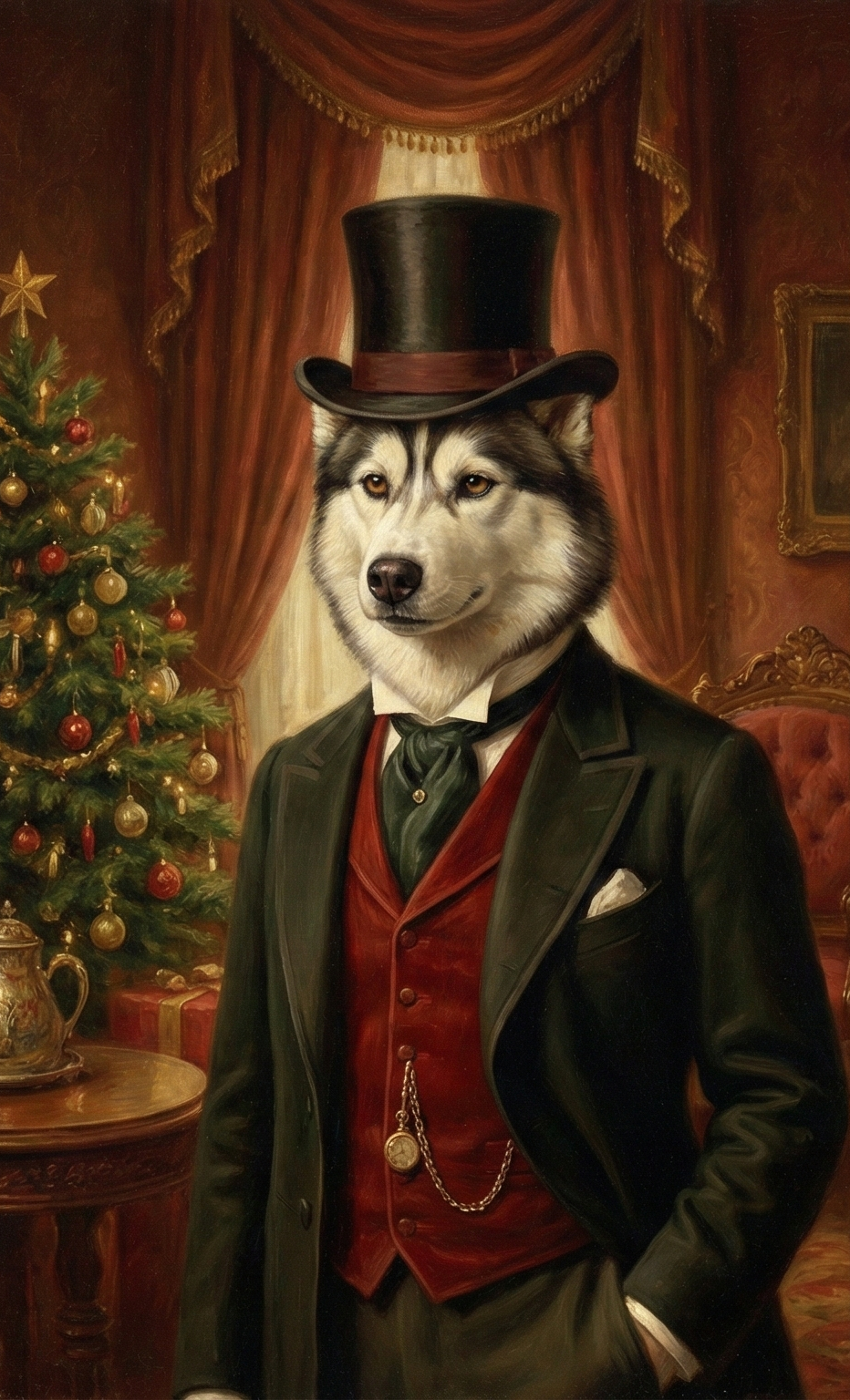 Image of a dog in formal attire with a Christmas tree in the background