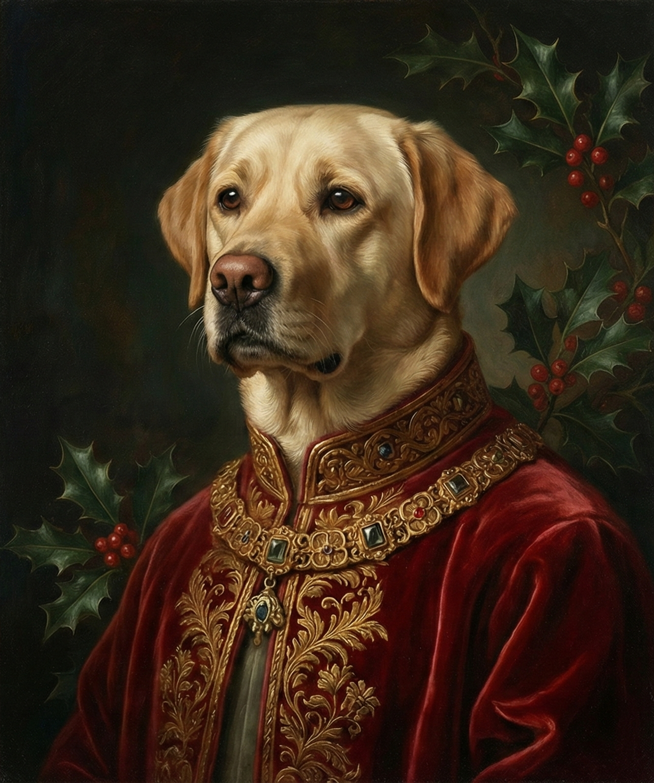 Dog in a regal outfit with holly leaves on a dark background