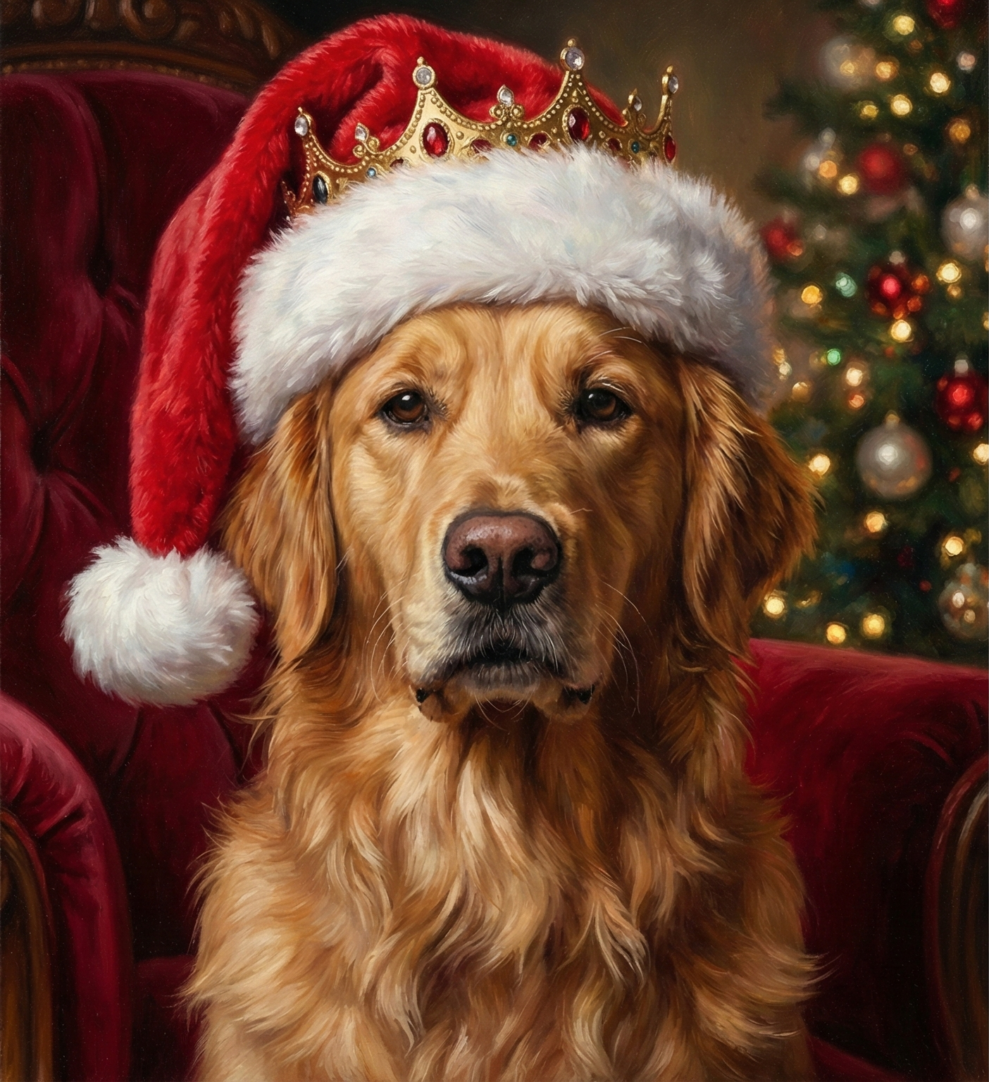Dog wearing a Santa hat and crown in front of a Christmas tree