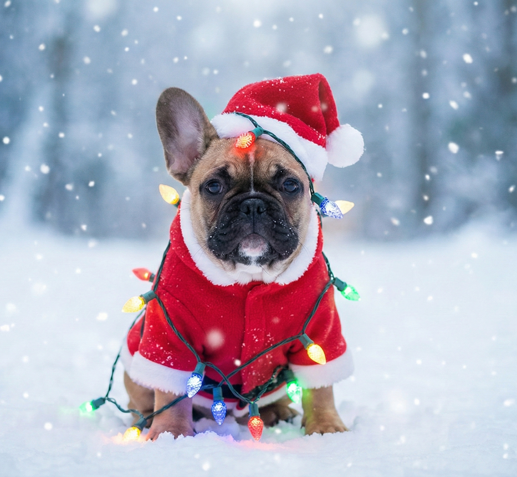 Dog wearing a Santa outfit with Christmas lights in a snowy landscape